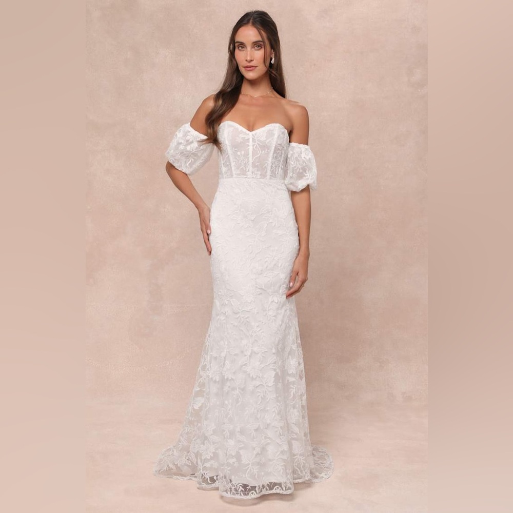 Lulu's White Off-the-Shoulder Lace Wedding Gown